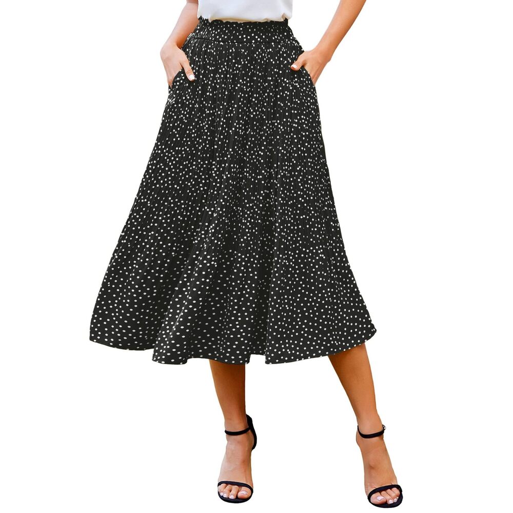 3055 Skirt High Waist Pattern Pleated Midi Length Swing Skirt with Pockets